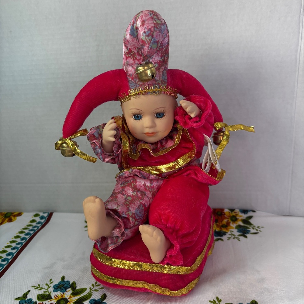 Vintage Musical Clown Jester Doll with Bells, Winds Up Sings